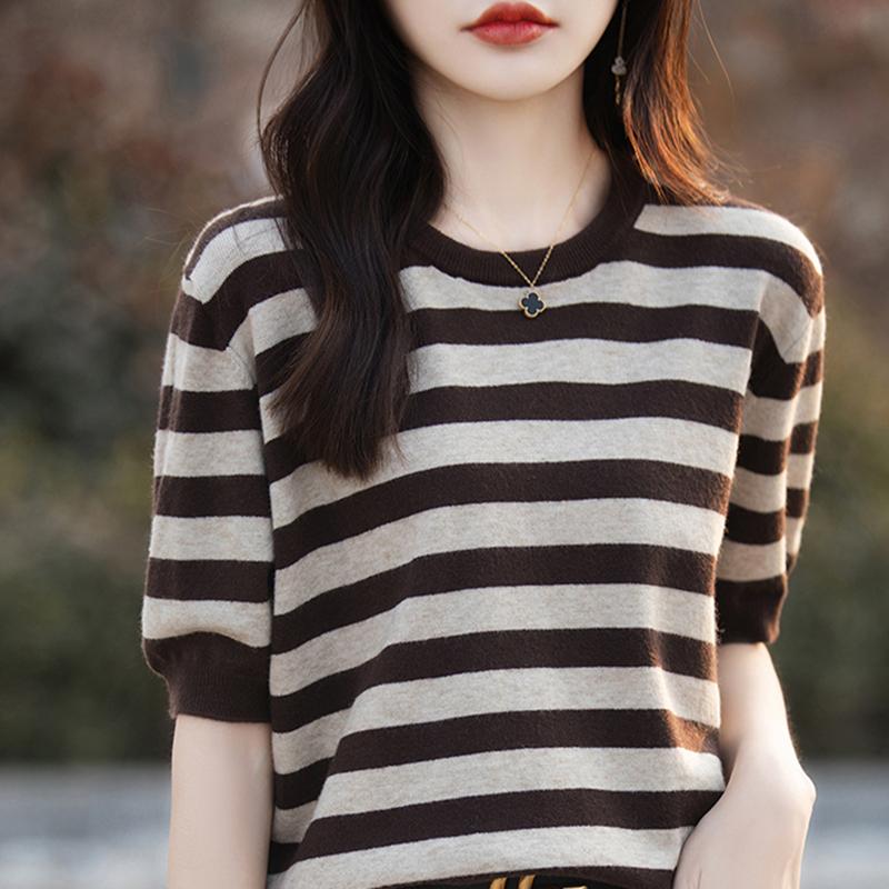 Women Knit T-shirt MODERN NEW SAGA Summer Knitted Shirt Striped Short Sleeve Tees O-neck Pullover Knit Tops