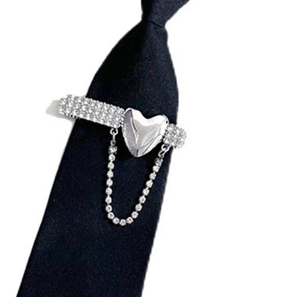 Pre Tied Tie With Metal Heart Rhinestone Design Classic Black Necktie For Business Casual Wear Easy Adjustable Alloy Buckle