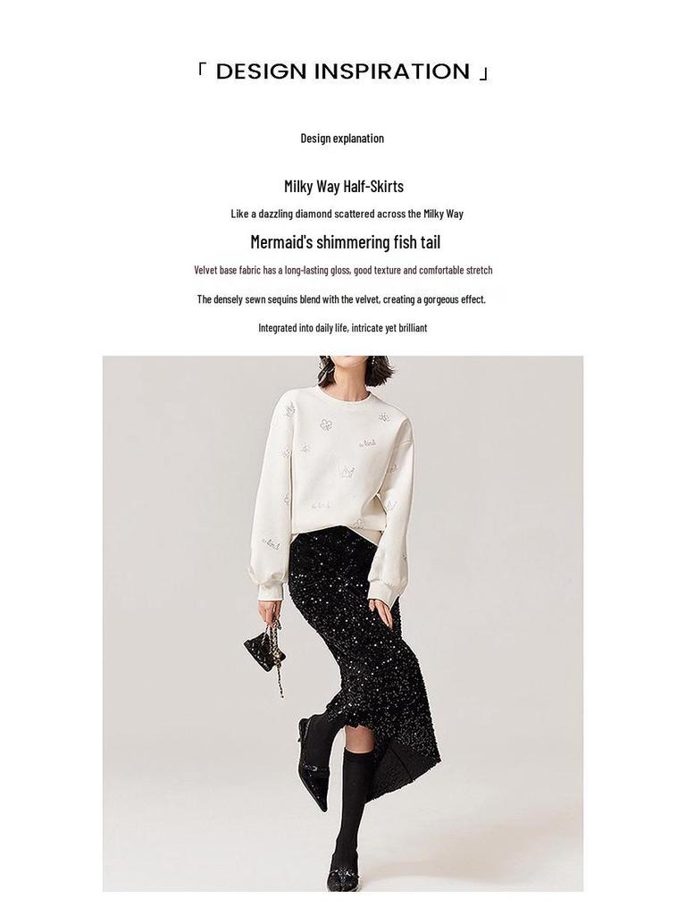Черная юбка А-силуэта из бархата с пайетками - Женская коллекция Осень/Зима 2025