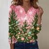 Women's Fashion Casual V-Neck Long Sleeve Decorative Button Christmas Print Top