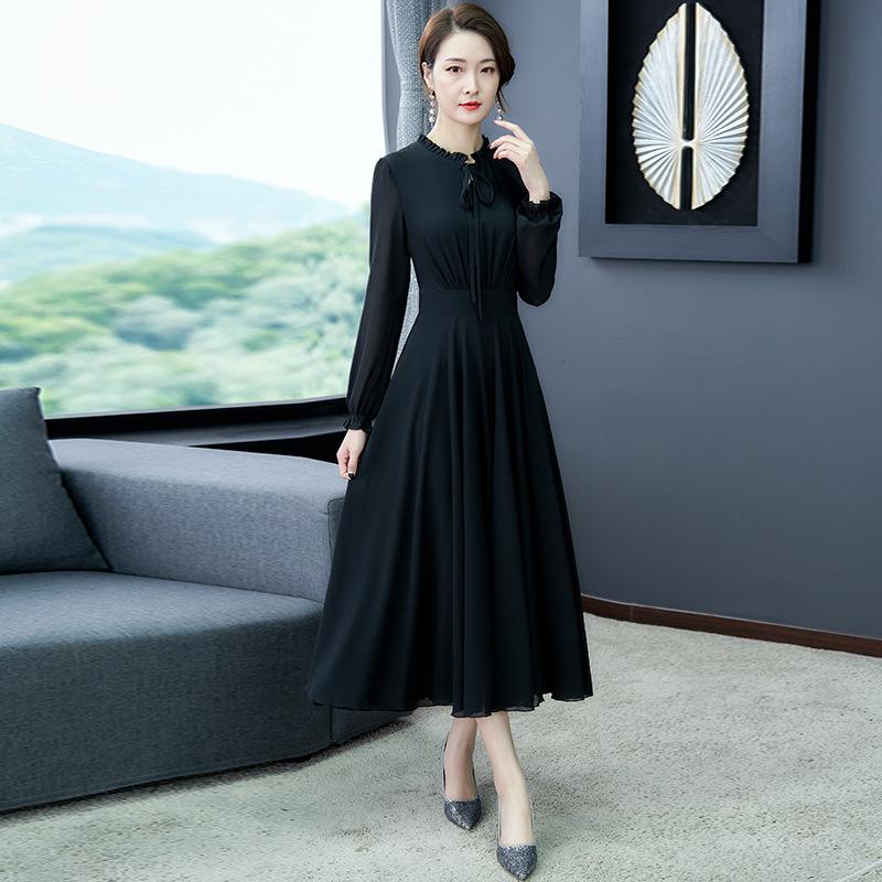Women's Long Sleeved Lead Pure Color Chiffon Dress Slim And Large Skirt