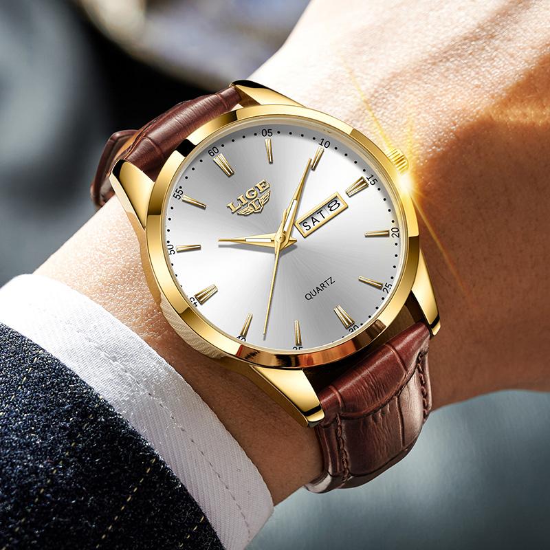 LIGE Лучший бренд, мужские кожаные деловые часы с датой, водонепроницаемые светящиеся часы, мужские роскошные спортивные водонепроницаемые кварцевые наручные часы