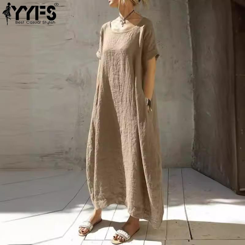 YYFS Женская мода лето весна однотонный принт с коротким рукавом и круглым вырезом свободная талия повседневные платья