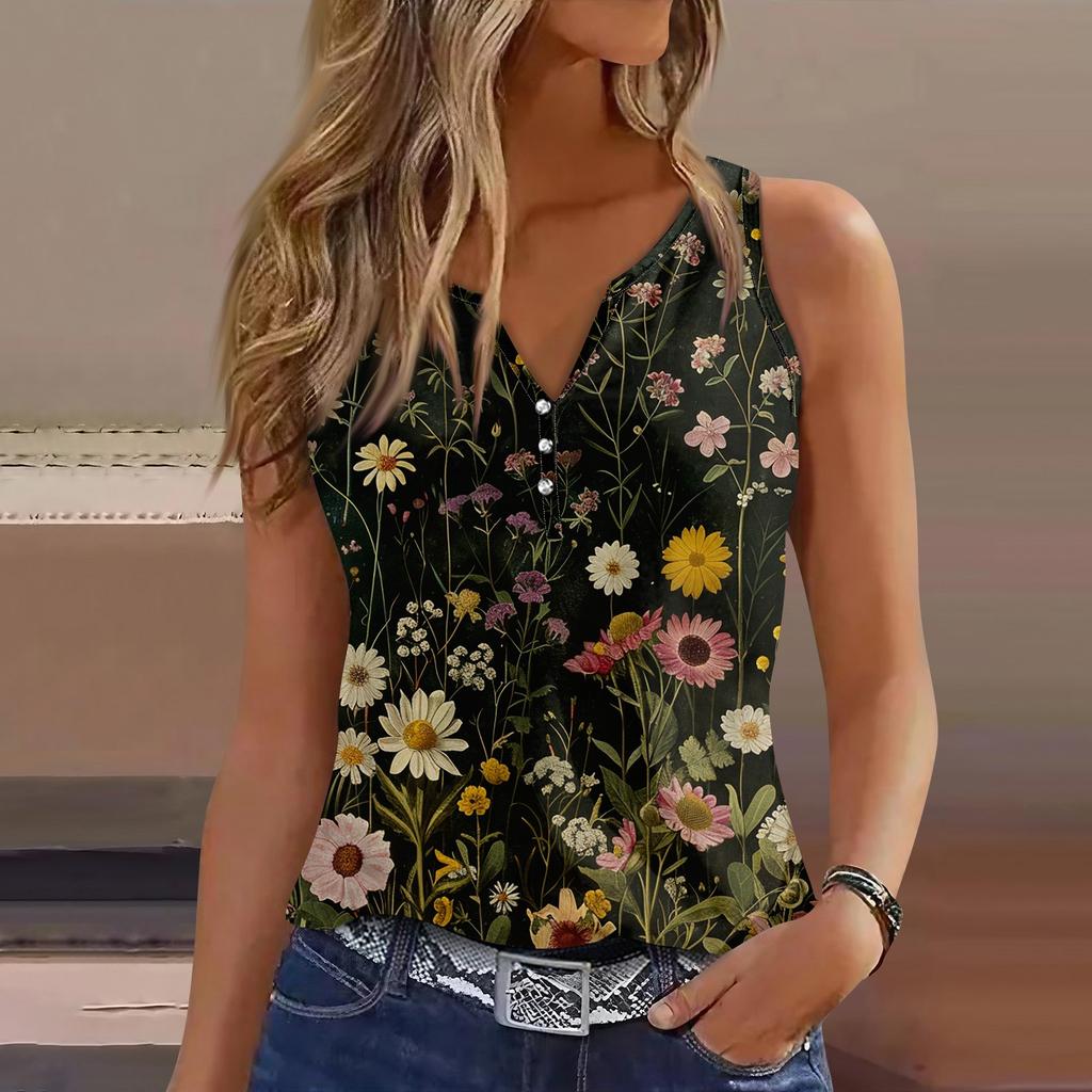 Women's Casual V Neck Printed Sleeveless Vest Tops Vest