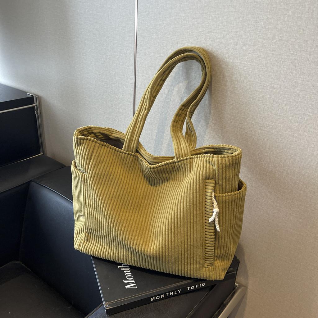 Simple Solid Color Large Capacity Women Corduroy Shoulder Tote Bag For Everyday Wear