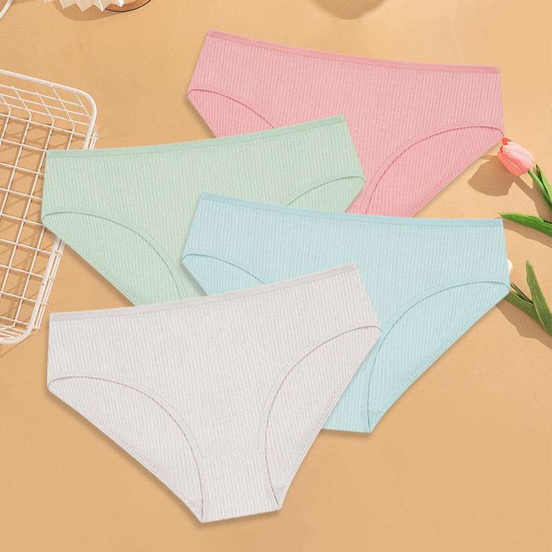 4Pcs Women's Cotton Ribbed Briefs Solid Breathable Elastic Underwear Sexy Simple Comfortable Panties Girls Soft Basics Lingerie