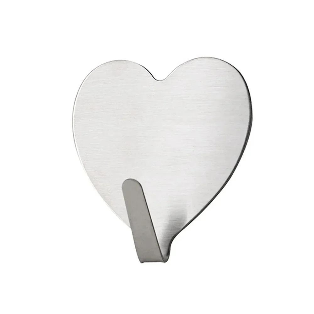 Cute Heart Shape Hooks Self Adhesive Hooks Stainless Steel Strong Sticky Wall Door Hang Bathroom Storage Organizer Holder