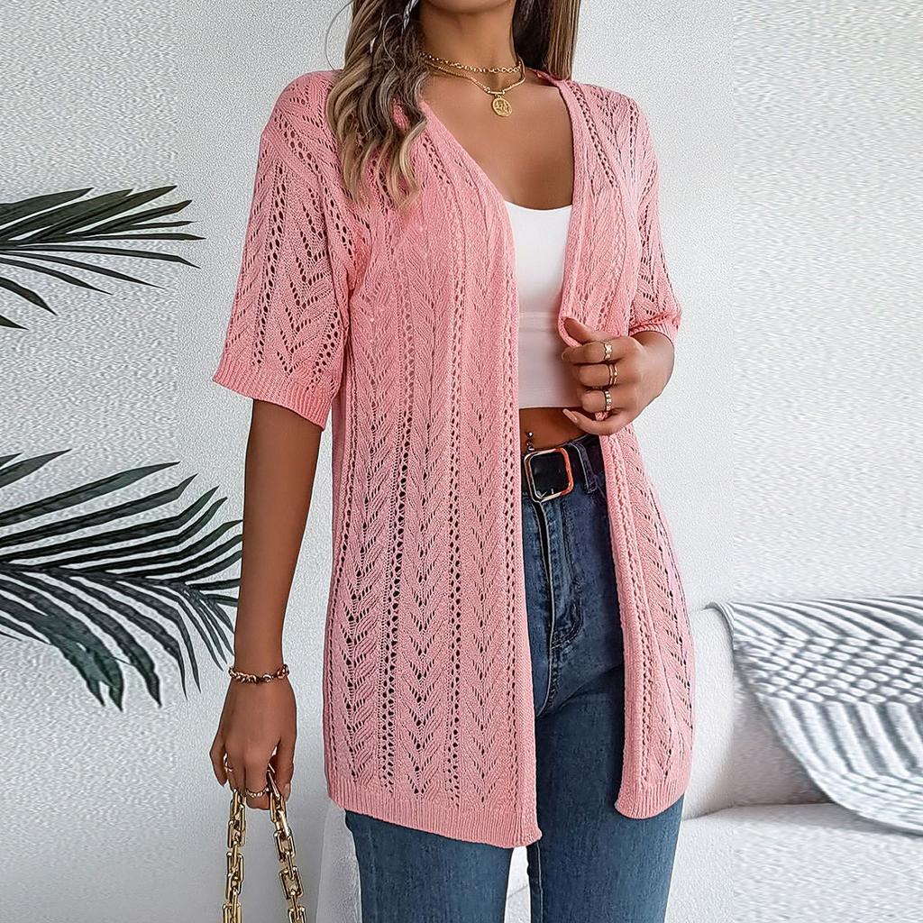 Женская модная повседневная трикотажная рубашка с короткими рукавами и солнцезащитным кремом для отдыха, однотонная куртка-кардиган
