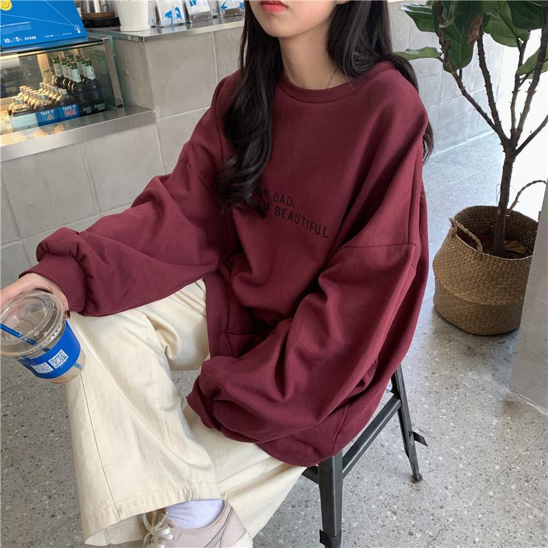 Autumn Korean Hong Kong Style Minimalist Letter Student Top Loose Thin Long Sleeve Hoodie Womenswear