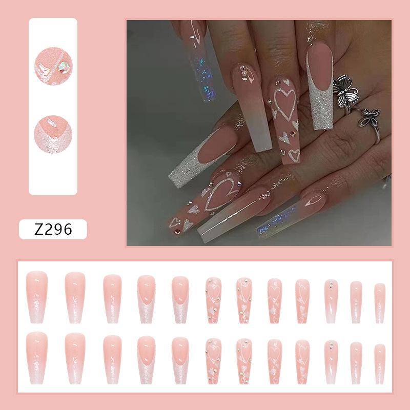 Long ballet nail pink shiny love broken diamond wearing armor 24 pieces gradual change nail patch can be wholesale removable