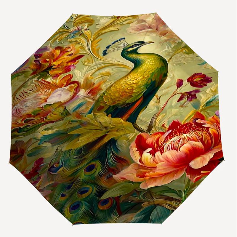 1PC peacock flowers Umbrella-9-Rib Reinforced, Automatic Open, Lightweight & Durable, Cute Fashion Accessory for Outdoor-P0714
