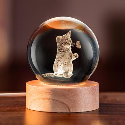 IFOLAINA 3D Кошачий хрустальный шар подарок на день рождения милый кошачий хрустальный шар женский популярный подарок стильный прикроватный светильник диаметр 60 мм кошачий хрустальный шар непрямой