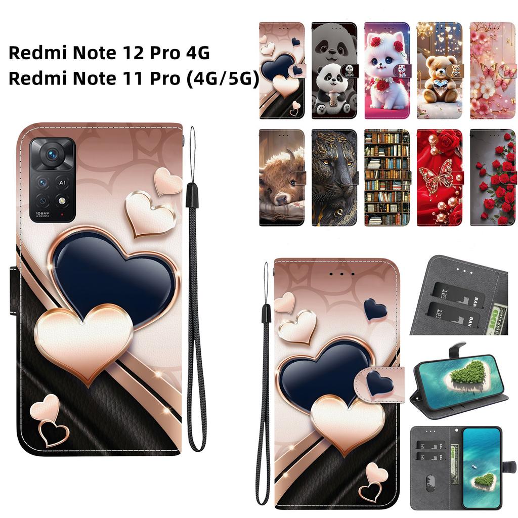 Чехол-книжка из искусственной кожи ручной работы для Redmi Note 12 Pro 4G/ Redmi Note 11 Pro (4G 5G) Противоскользящий ударопрочный чехол с ремешком на запястье и дизайнами в виде сердец/роз и кошек