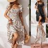 Fashion Short Sleeve Floral Printed Summer Dress Sexy Ruffled Square Collar Elegant Pleated A-line Party Dresses Casual Loose Slim Holiday Clothing