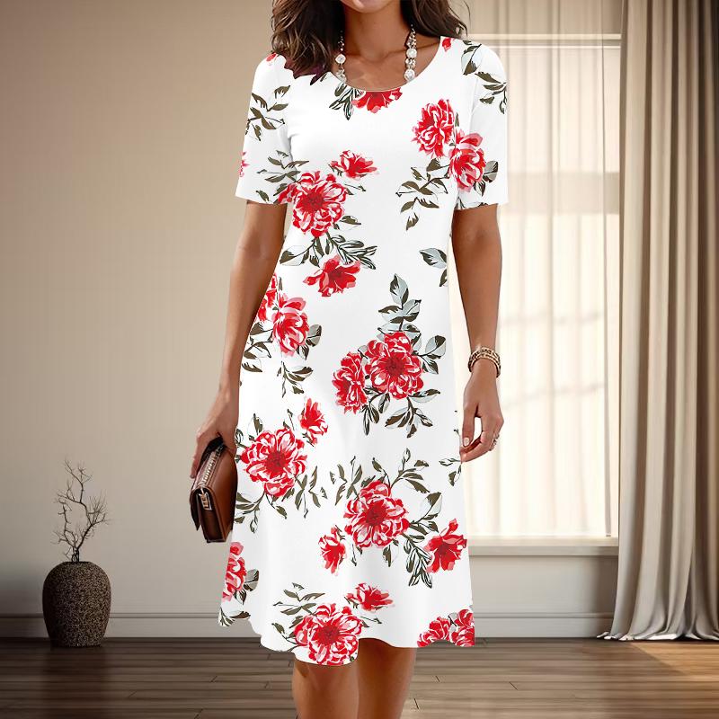 Women's Fashion Graceful Plantain Leaf Print Summer Spring Short Sleeve O-Neck Casual Dresses