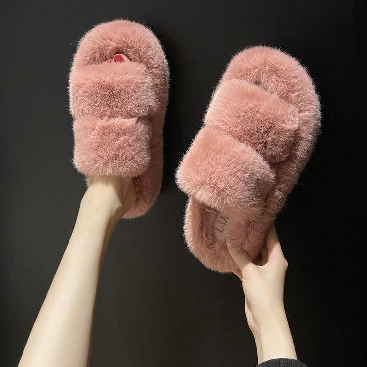 Интернет-знаменитость, настоящие тапочки из кроличьей шерсти, женские, конфетного цвета, осенне-зимние, домашняя одежда, теплые, односложные хлопковые тапочки