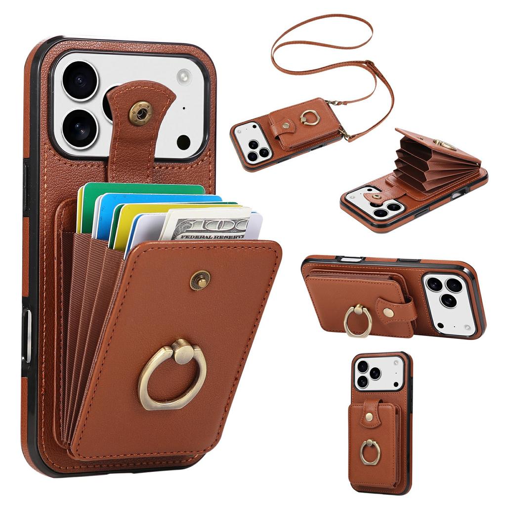 For iPhone 17 Pro Max Case Card Holder Ring Kickstand TPU+PU Leather Phone Cover with Long Strap