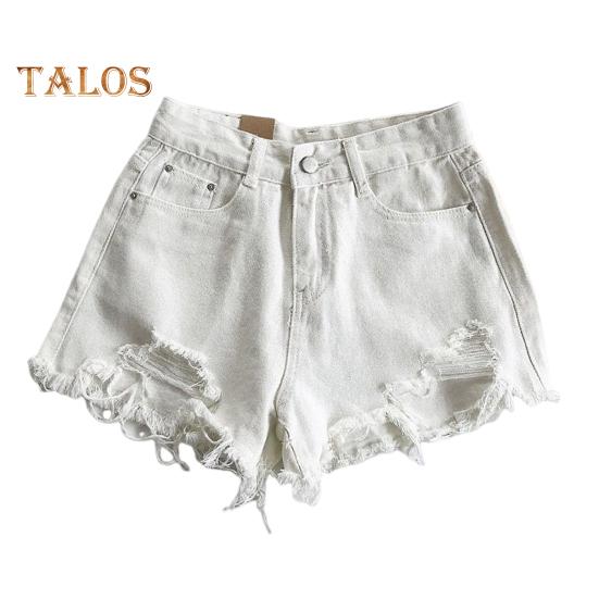 Summer Women Denim Shorts High Waist A-line Solid Color Ripped Button Zipper Closure Retro Pockets Slim Fit Above Knee Length Short Pants