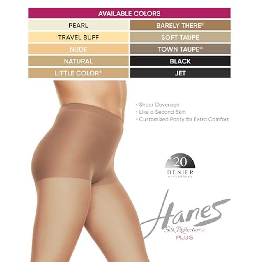 Hanes Silk Reflections Женские колготки большого размера, шелковистые, прозрачные, с корректирующим верхом, усиленный носок, отводящие влагу, охлаждающий комфорт, 20 den
