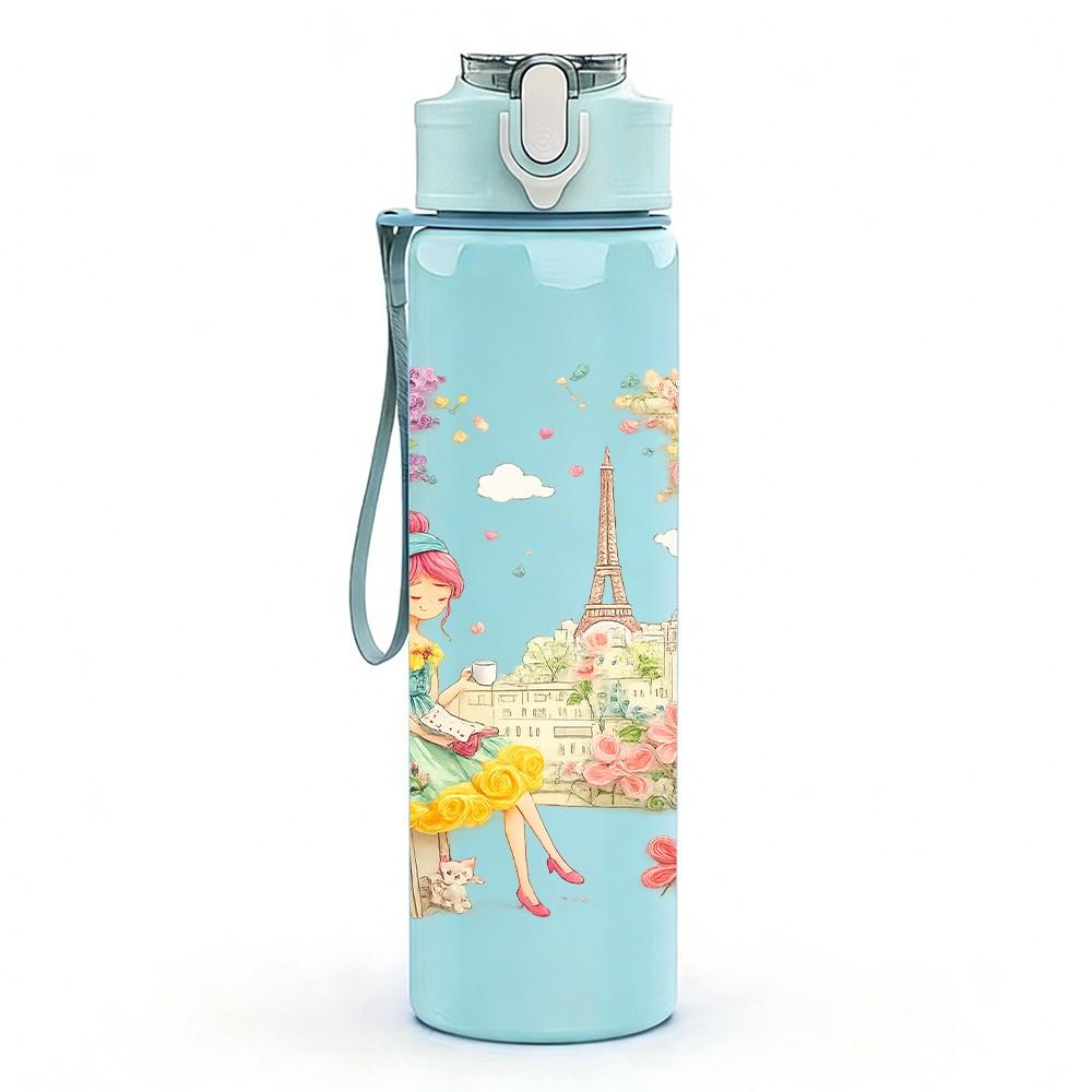 1PC Little Girl In Flower Field Scene Print 750ml Color Plastic Sports Water Bottle Leakproof Flip Straw Lid Suitable for Sports Office Home Use
