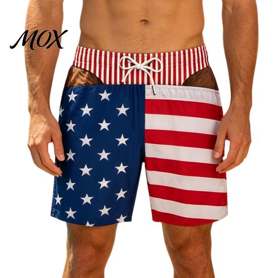 Unique Graphic Print Beach Pants Men Hairy Butt Shorts, Funny Big Booty Leopard Creative Spoof Birthday Presents Briefs Design, USA Flag Swim