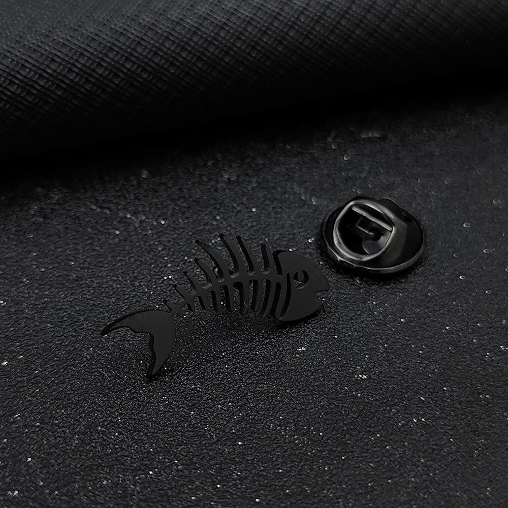 Stainless Steel Men's Collar Brooch Hollow Design Fish Skeleton Lapel Pin Formal Wear