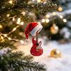 Рождественский ornament 'Красная гитара' для елки, 2D плоский акриловый кулон с прочным украшением в виде шапки Санты, Декор для кантри-музыки, Подарок