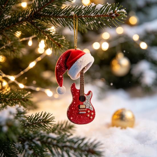Рождественский ornament 'Красная гитара' для елки, 2D плоский акриловый кулон с прочным украшением в виде шапки Санты, Декор для кантри-музыки, Подарок