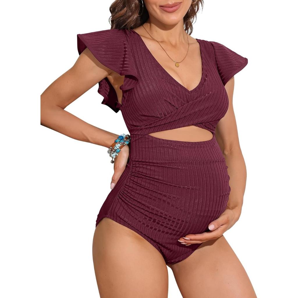 CHARMLEAKS Купальник для беременных в рубчик, цельный купальный костюм с рюшами и рукавами, рюшами и вырезами, завязывающийся узел, купальник для беременных
