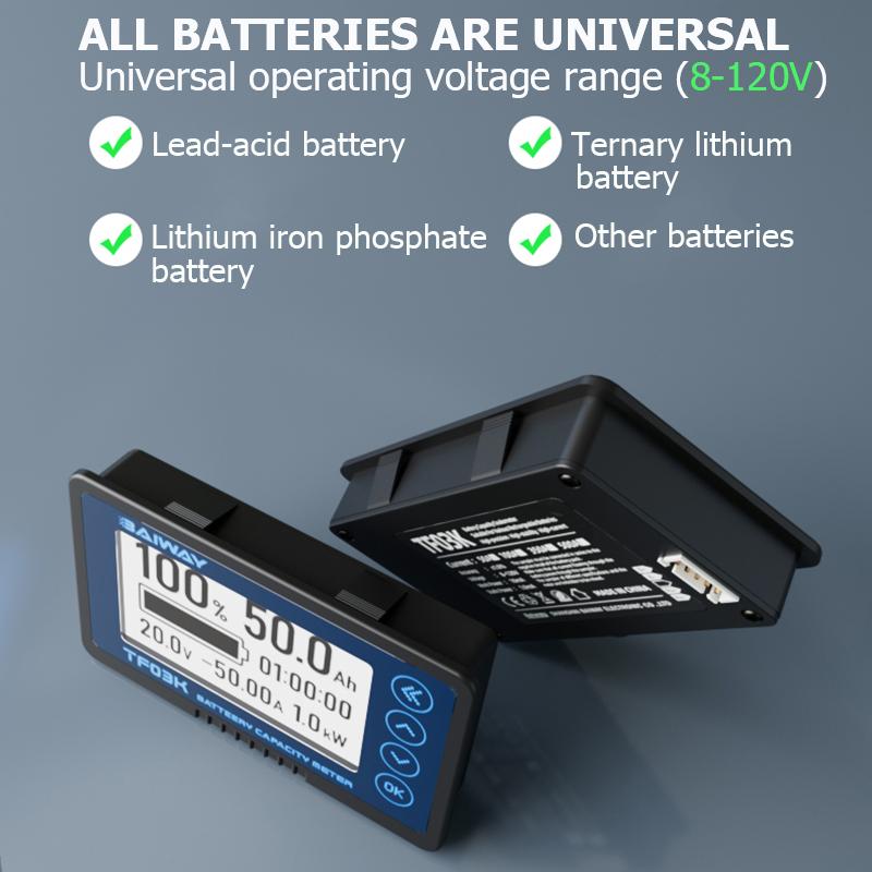 Индикатор емкости батареи кулонометра TF03K DC8-120V, дисплей напряжения и тока, литий-ионный детектор для свинцово-кислотных батарей, тестер