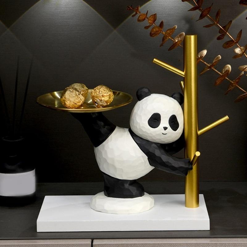 Decorative Panda Resins Statue with Storage Tray for Key and Trinkets Animal Sculpture Entryway Living Room Table Decors
