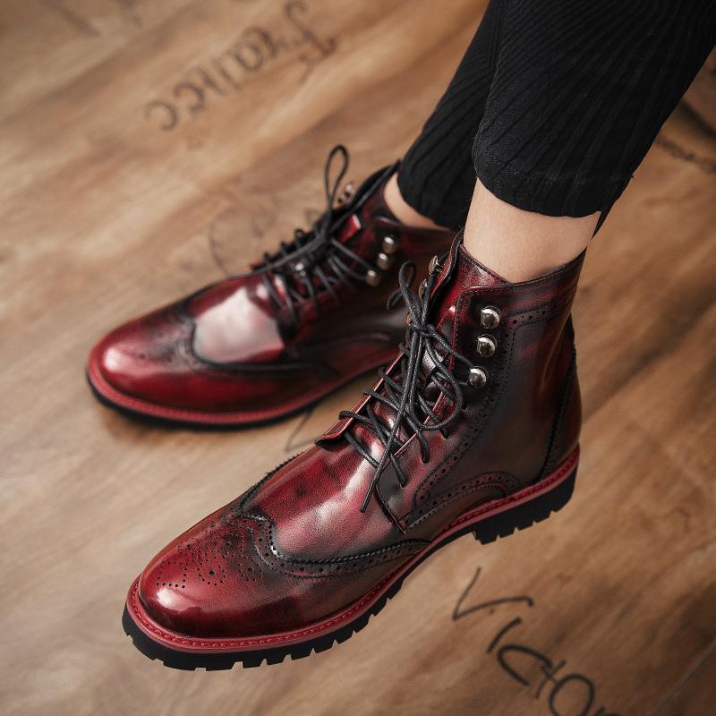 New Retro Style Red Men's Leather Boots Fashion Lace-up Casual Ankle Boots for Men Luxury High-top Dress Shoes Men Cowboy Boots
