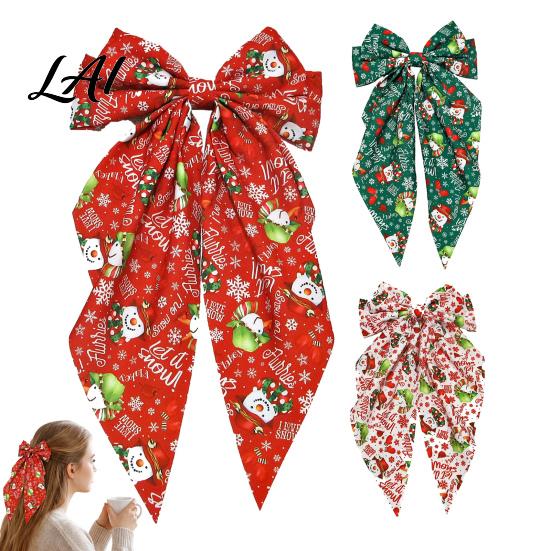 Holiday Hair Accessories with Ribbons Christmas Bows for Women Girls Snowman Bow Clips Handmade Red Green Theme Decorations Bows Festive Long Tail,