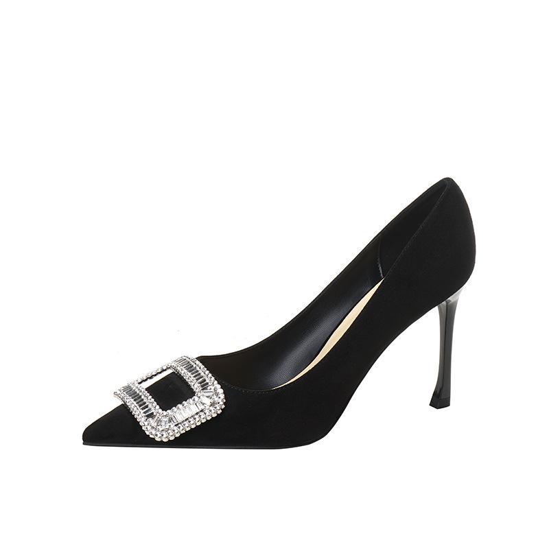 Туфли на высоком каблуке со стразами и квадратной пряжкой, черные, женские, на тонком каблуке, весна-осень 2025, новые профессиональные французские туфли с острым носком