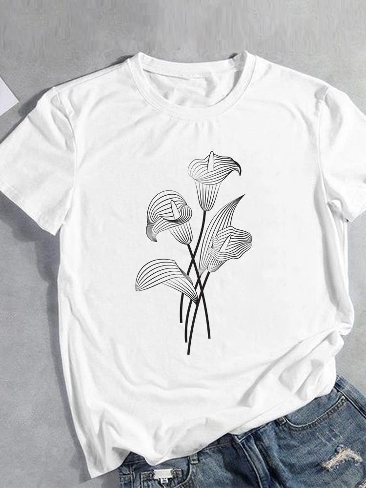 Unisex Flower Style Trend 90s Short Sleeve Fashion Print Lady Tee Top Clothing Casual  Tshirt FeUnisex Graphic T-shirts