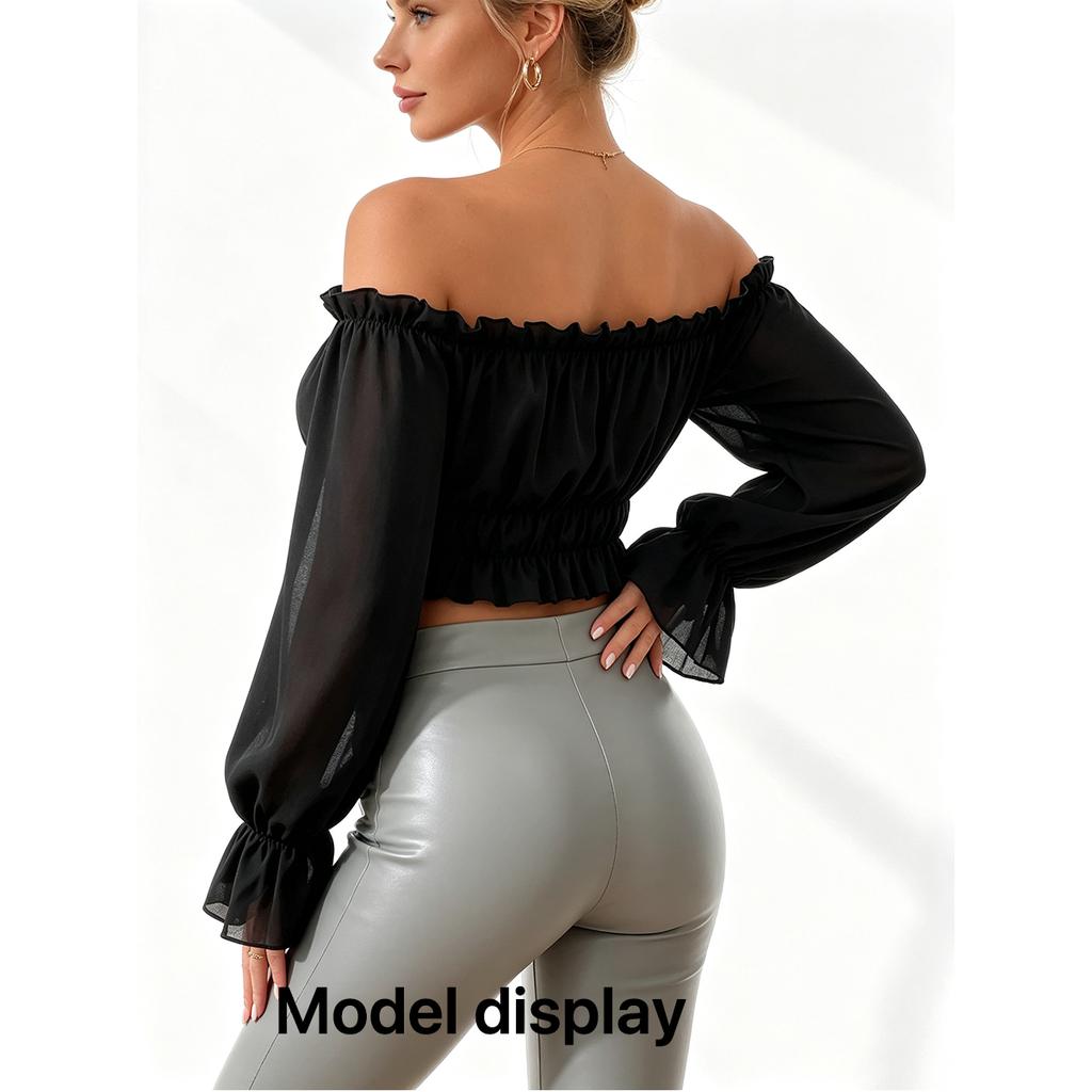 Fashion Women Ruffle Off Shoulder Crop Blouse Long Puff Sleeve Slim Ruched Hem Casual Clubwear Top