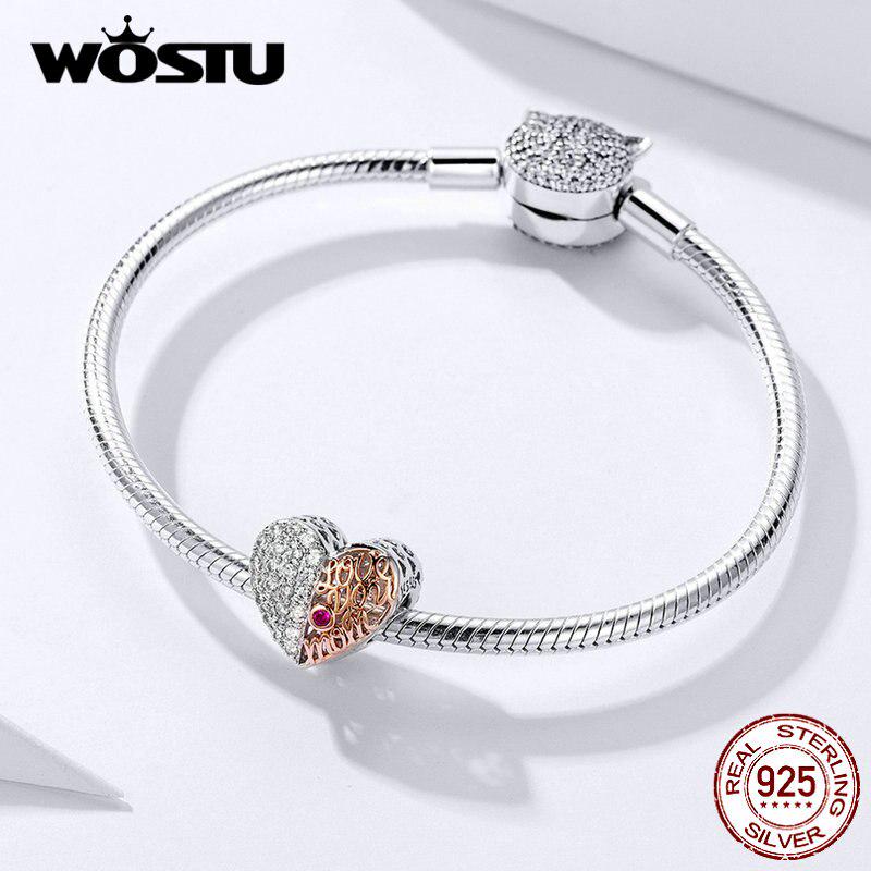 WOSTU Love You Mom Heart Beads 925 Sterling Silver & Rose Gold Family Bead Fit Original Bracelet