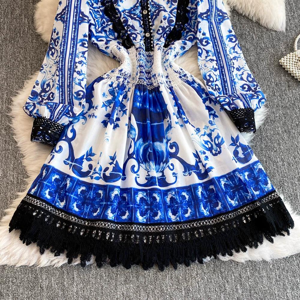 Весна Осень Женские Винтажные Принты Шифон Кружева Лоскутное Короткие Платья Для Вечеринок