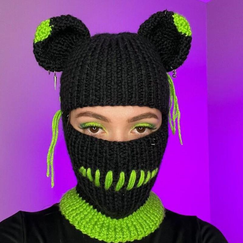 Handmade Knitted Cat Ear Pullover Hat Autumn and Winter Striped Cute Woolen Hat