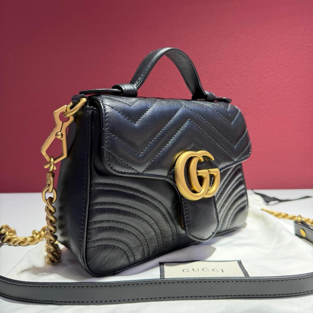 [Pre-Owned] Gucci Chevron Leather GG Marmont Mini Top Handle Bag 'Nero' - Excellent #1EA0NO9