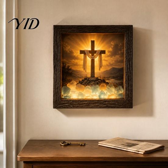 Religious Gifts for Home Coastal Lighthouse Sea Glass Shadow Box Night Light, LED Nativity Scene Wood Wall Mounted Wooden Frame Decor, Christian Faith