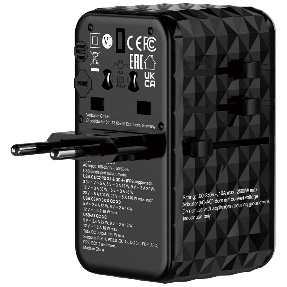 Verbatim Travel Adapter Eu/Uk/Us Ganusb-A/3Xusb-C Pd 140W Uta-10 Black/Czarny 32125