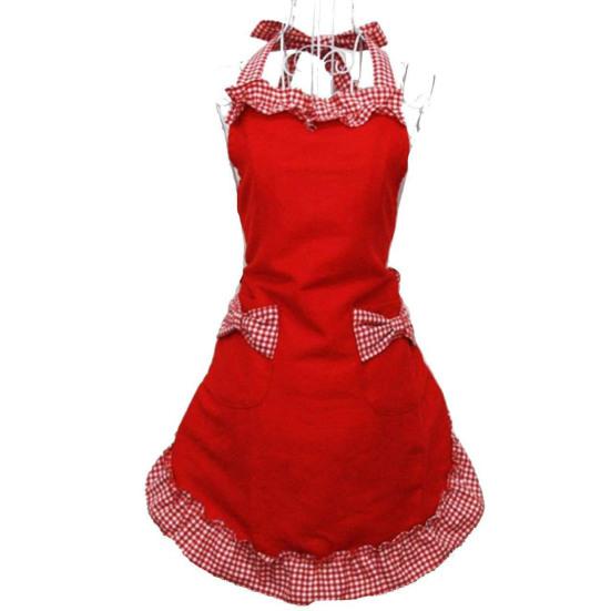 Women Cute Bowknot Decor Pocket Apron Plaid Print Splicing Adjustable Lace-up Kitchen Flirty Apron Mother Day Gift