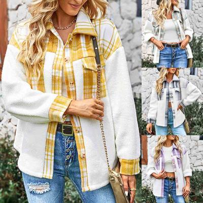 Женская осенне-зимняя модная повседневная куртка с длинными рукавами и плюшевыми карманами в клетку