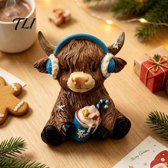 Resin Highland Cow Statue Winter Figurine, Cattle for Holiday Figurine Desk Decor, Animal Shape Ornament Home Office