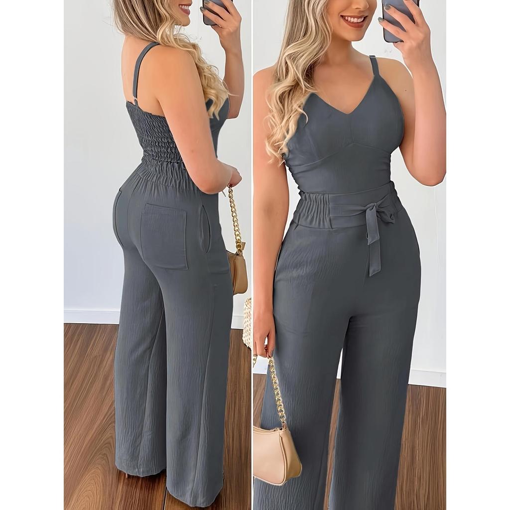 2023 Summer Sexy Backless V-Neck Spaghetti Strap Tank Top & High-Waisted Straight Leg Pants Set