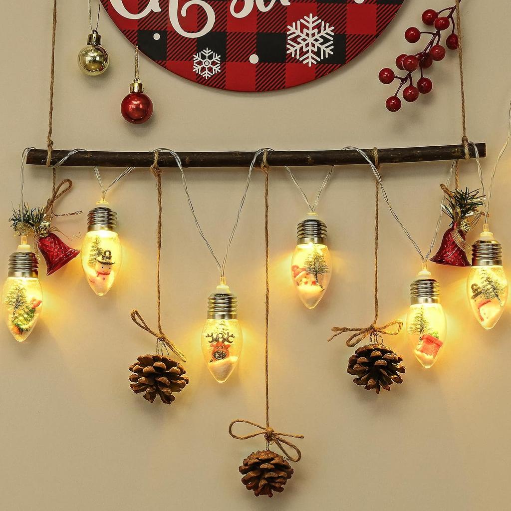 WENMER 2Pcs Christmas Snow Globe String Lights, 13.2FT Vintage Christmas Lights Indoor, 20 LED Globe Bulbs String Light with Snow & Cute Ornaments,