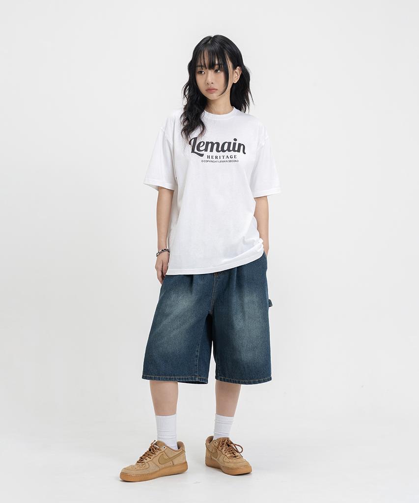 LEMAIN SECOND Bermuda Wide One-Pleat Carpenter Washed Denim Banding Shorts [Yellow Wash]
