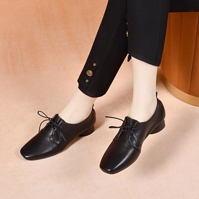 Женские туфли с квадратным носком, весенние новые, простые, с темпераментом, на шнуровке, маленькие одинарные туфли, удобные балетки, женские маленькие кожаные туфли
