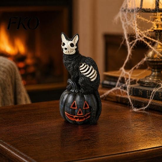 Outdoor Small Landscaping Ornament Halloween Skull Black Cat Pumpkin Figurine, Gothic Statue with Hollow Ribs, Resin Carved Decoration